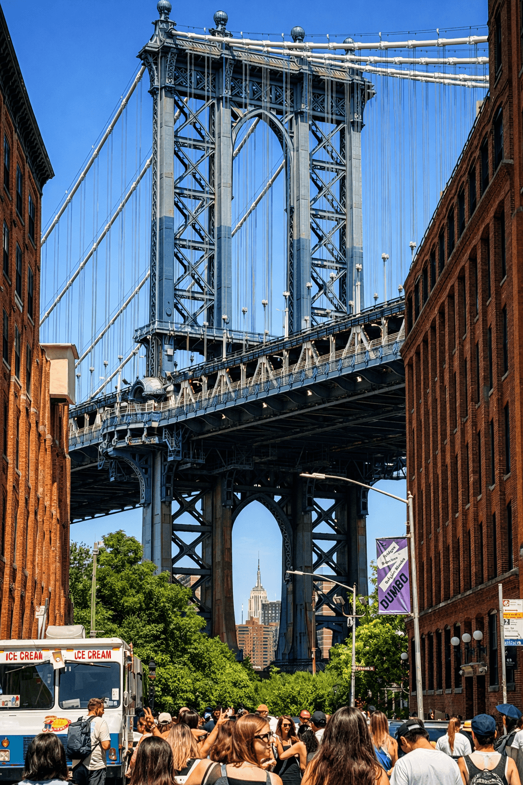 The Manhattan Bridge seen from DUMBO in Brooklyn, framed by brick buildings
