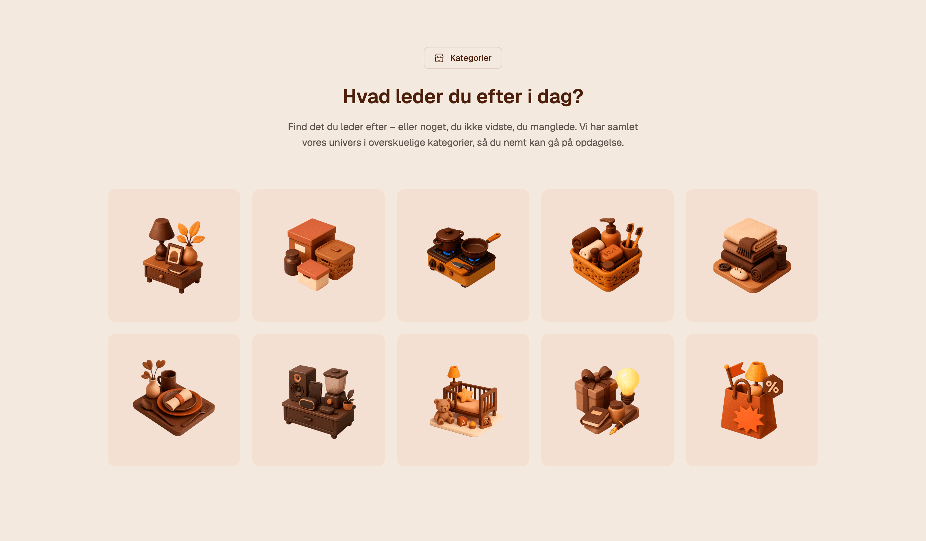 A visual category section with warm 3D-style icons in a grid, under the heading 'Hvad leder du efter i dag?'