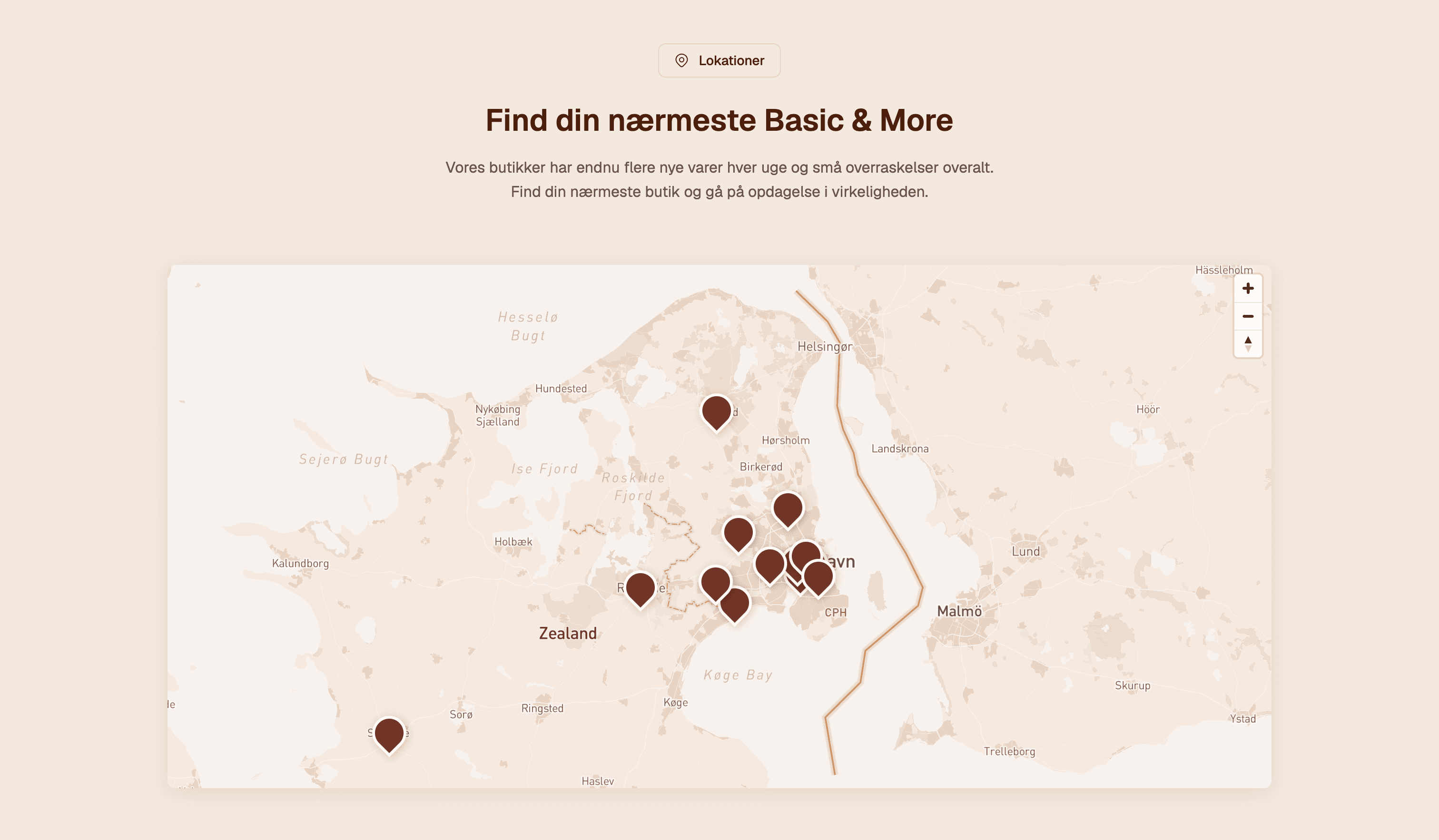 A store-locator section with a soft-toned map of Denmark and pins marking Basic & More locations