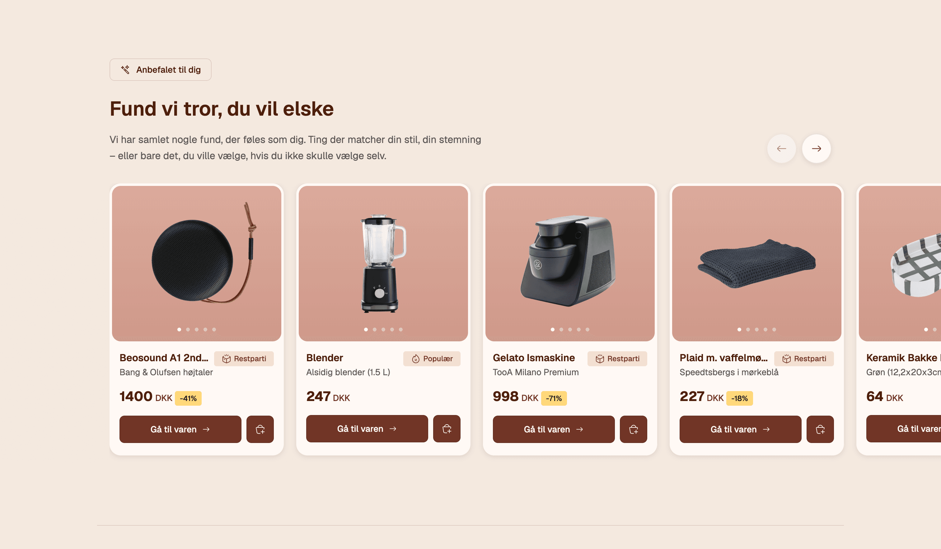A horizontal product rail headed 'Fund vi tror, du vil elske', recommending finds with prices and discounts