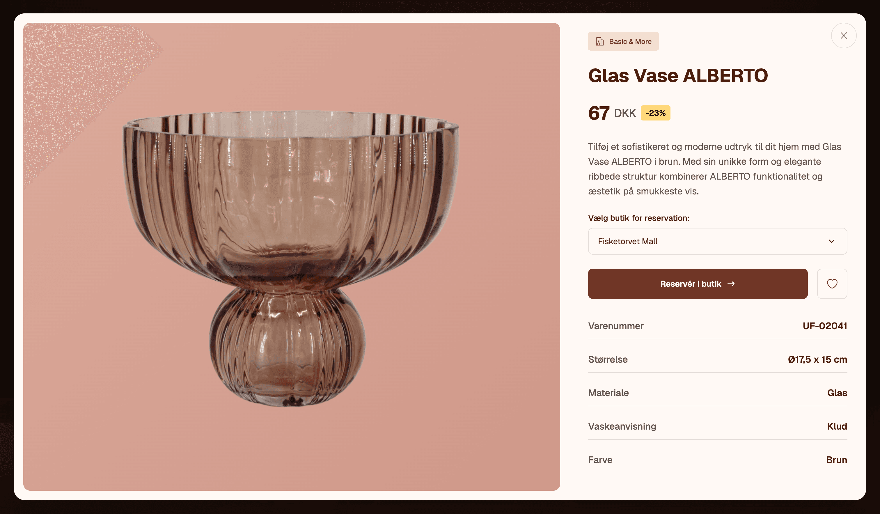 A product modal for a glass vase, showing price, discount, specs and a reserve-in-store option