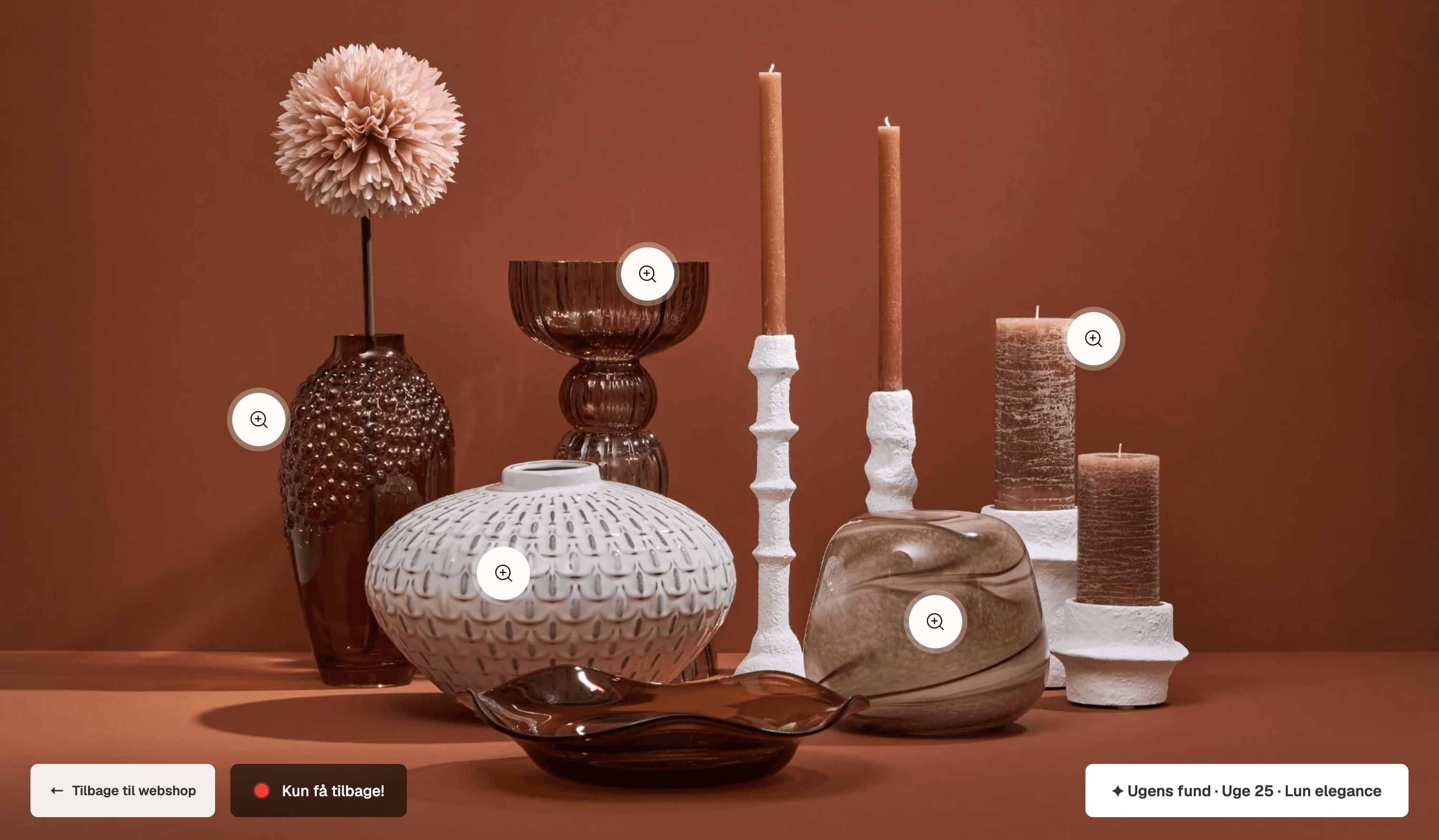 The Ugens Fund page — products staged together in a styled scene, each marked with an interactive hotspot