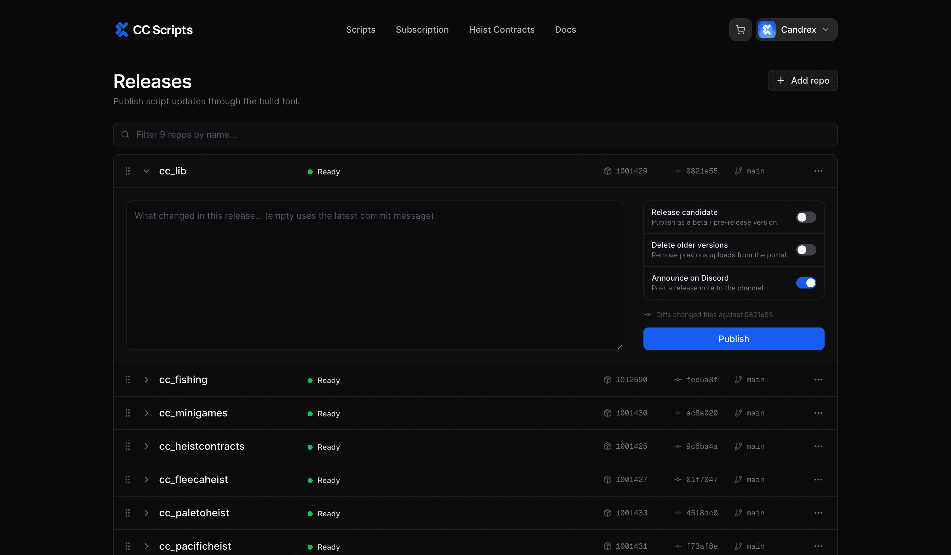 A repo expanded in the Releases dashboard, showing the publish form and toggles