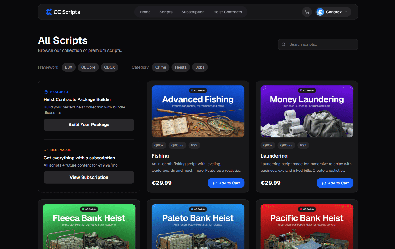 Scripts overview with filters