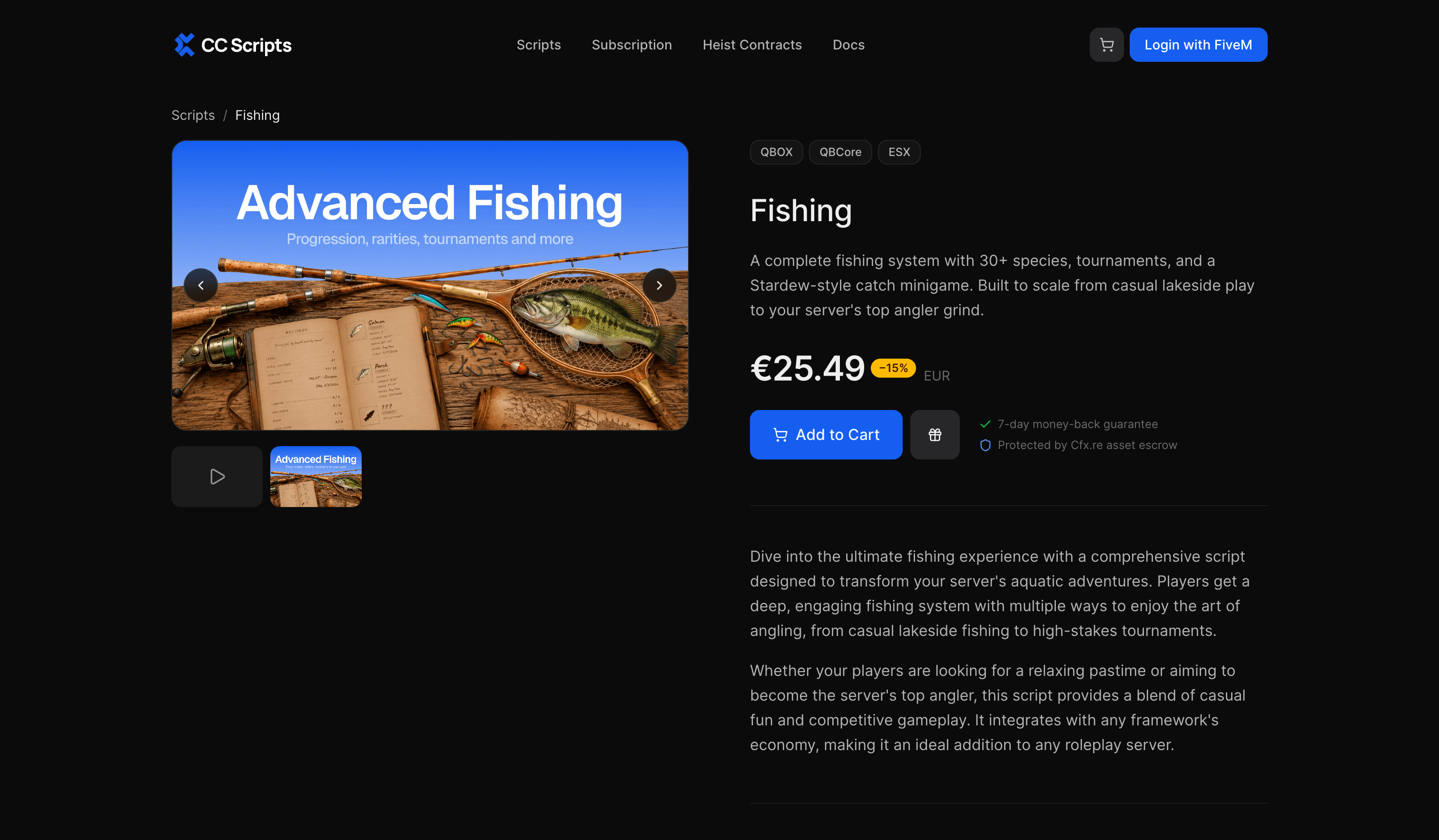 The Fishing product page with video, framework tags, price, and an Add to Cart CTA