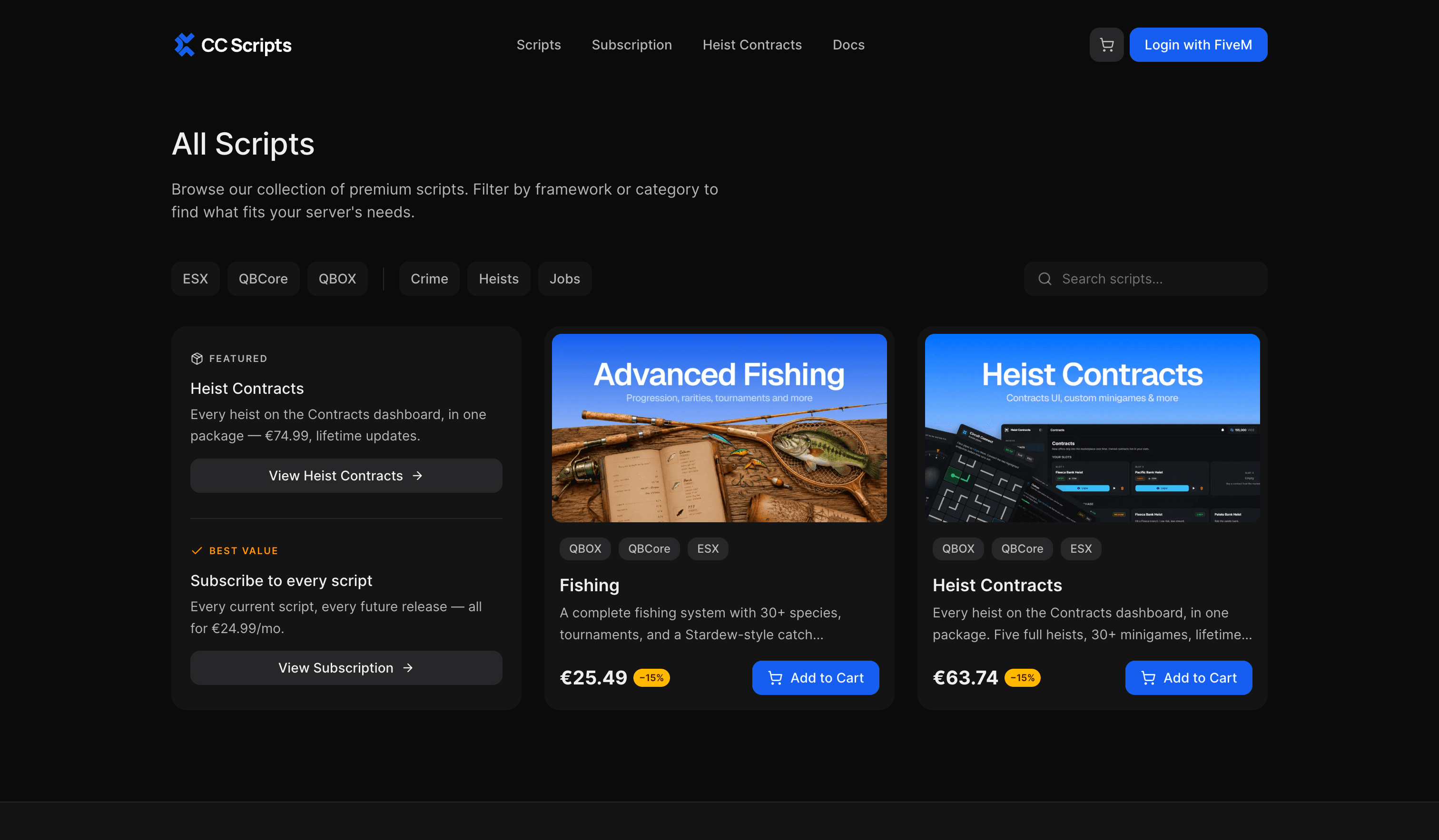 The All Scripts catalog page with framework and category filters