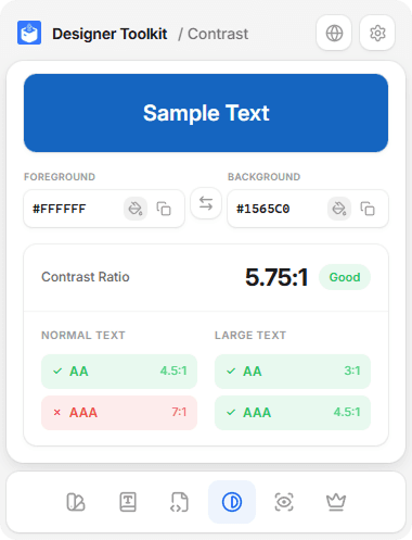 The contrast checker grading a colour pair against WCAG AA and AAA
