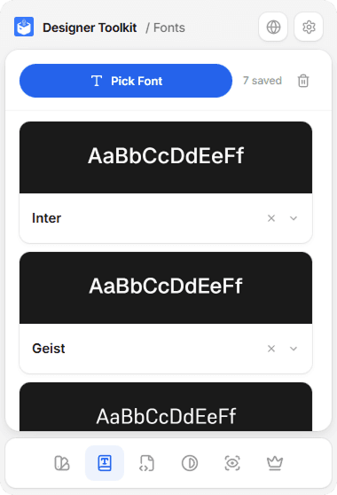 Saved fonts, each with a live specimen rendered in the font itself