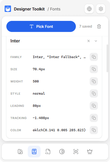 An expanded font showing family, size, weight, leading, tracking and colour