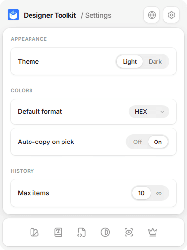 The settings tab — theme, default format, auto-copy and history controls