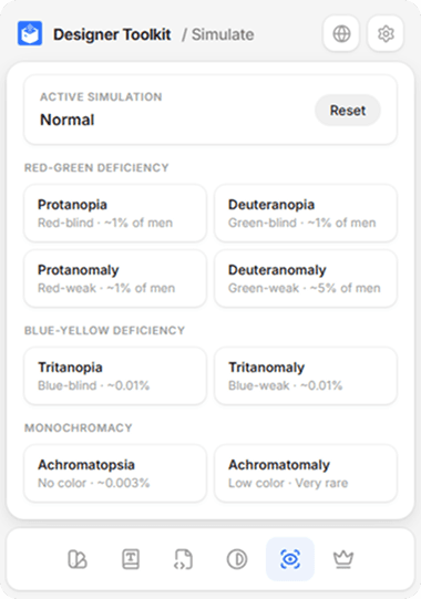 The simulate tab listing colour-vision deficiencies to apply to the live page