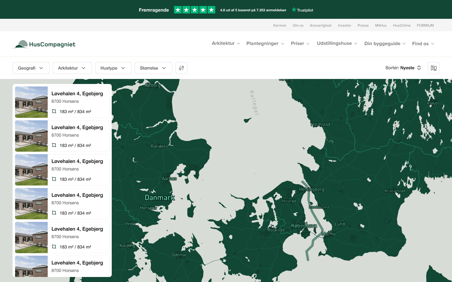 A full-width map with compact house cards floating over the left edge