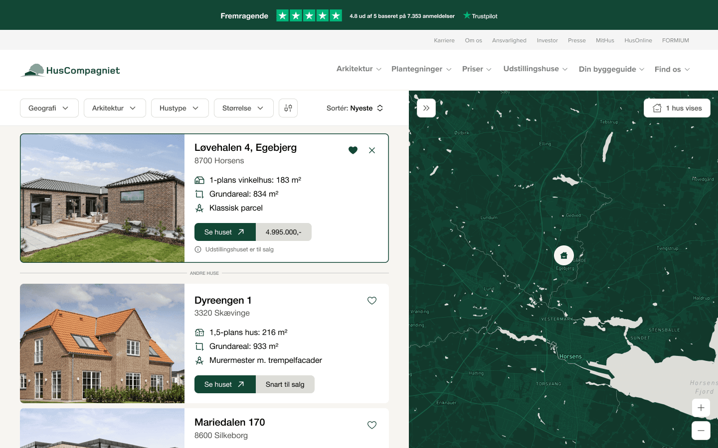 A single house selected — the list narrows to it and the map zooms to its location