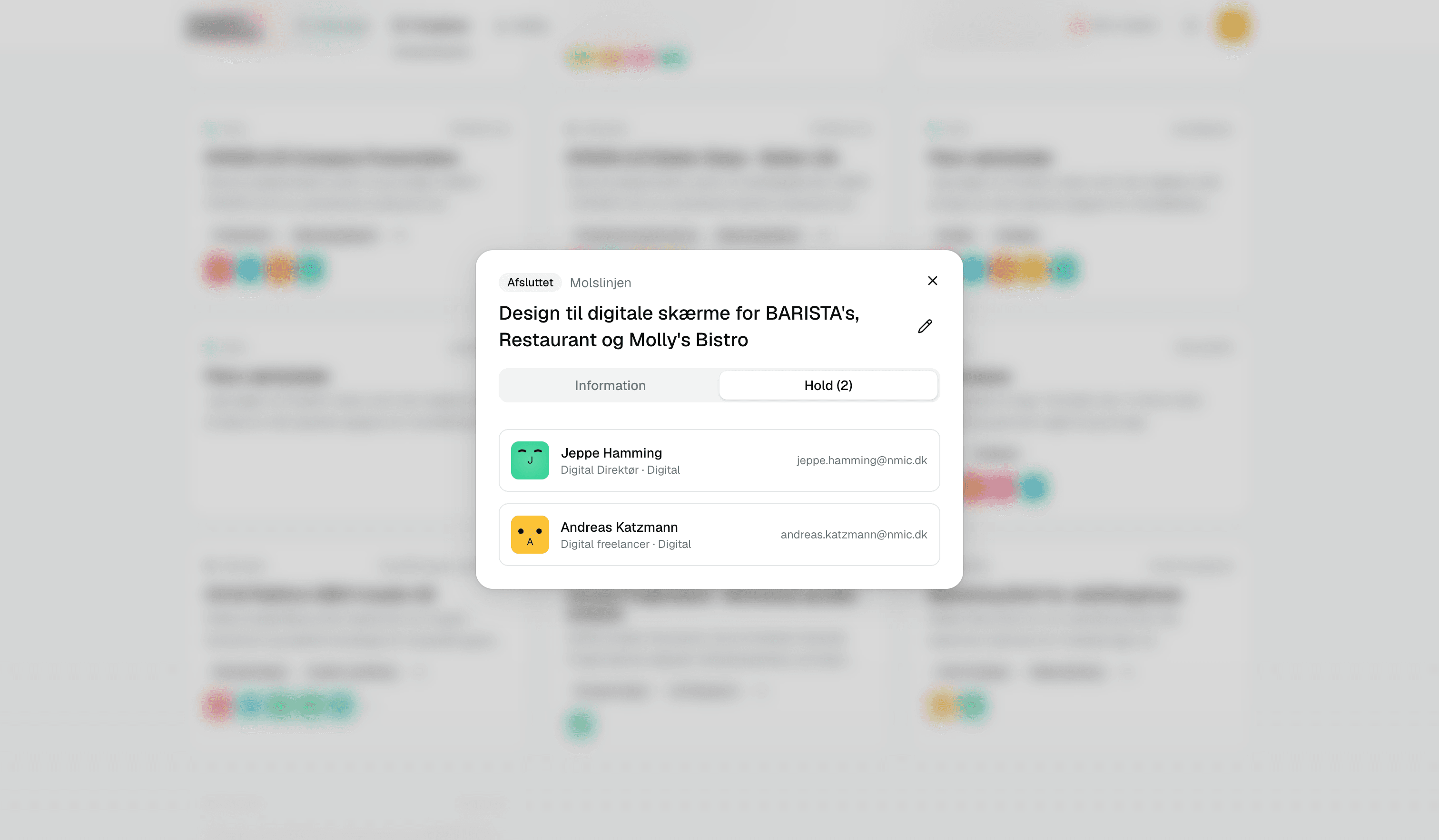 A project in NM Skills with its team tab open, listing the people who worked on it