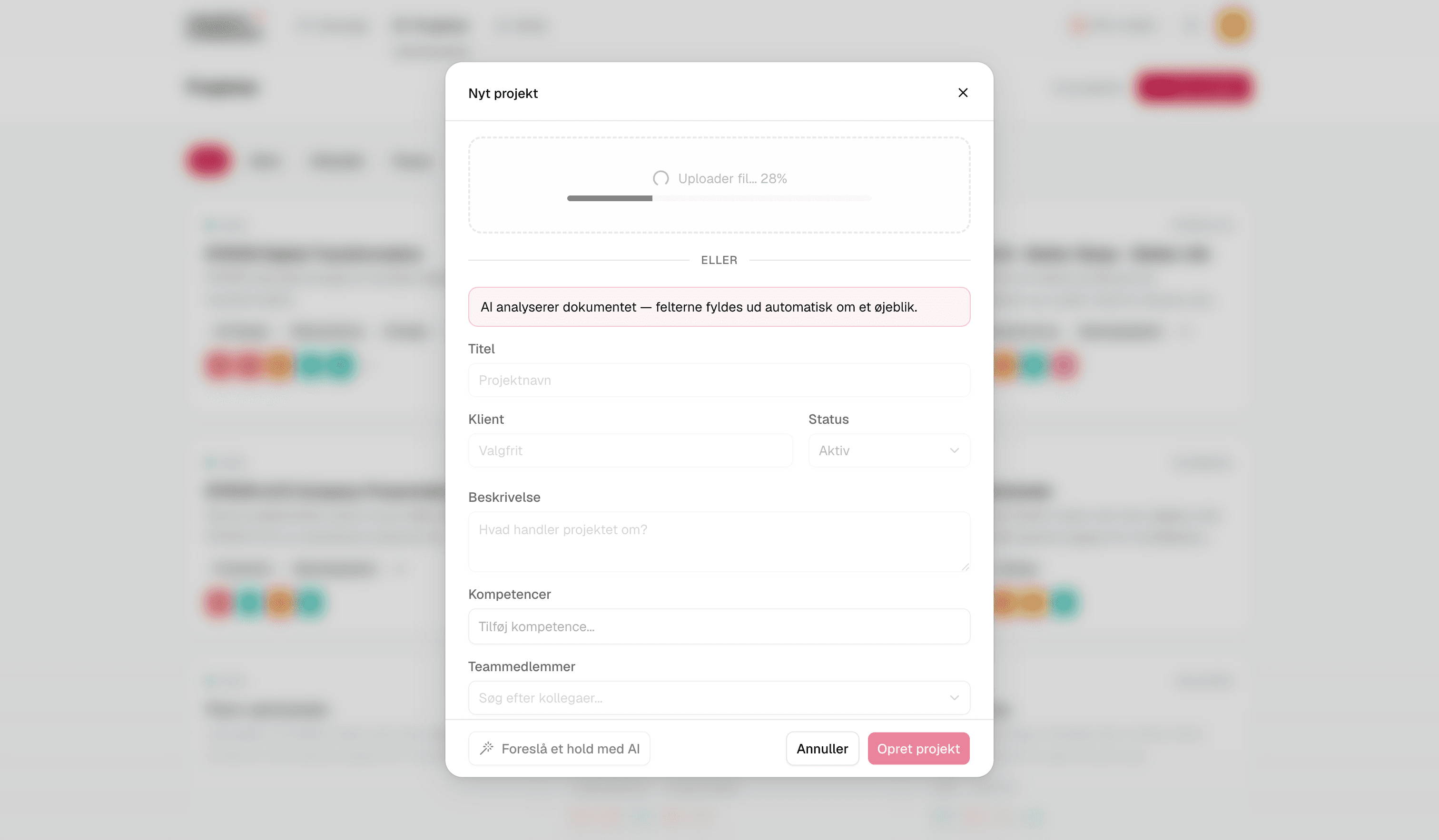 The new-project form in NM Skills, with a brief being uploaded and the AI filling in the fields automatically