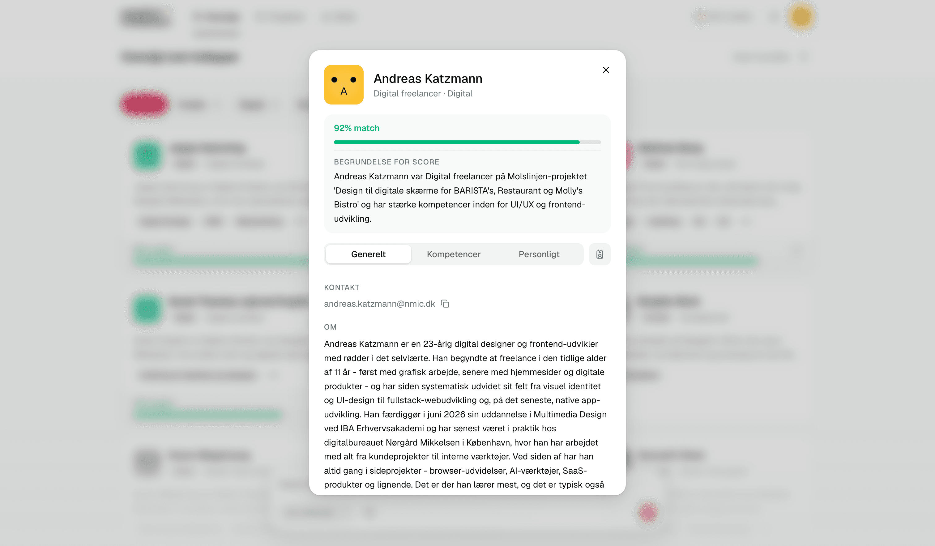 A search result opened in NM Skills, showing the match score and the reasoning behind it, citing real projects